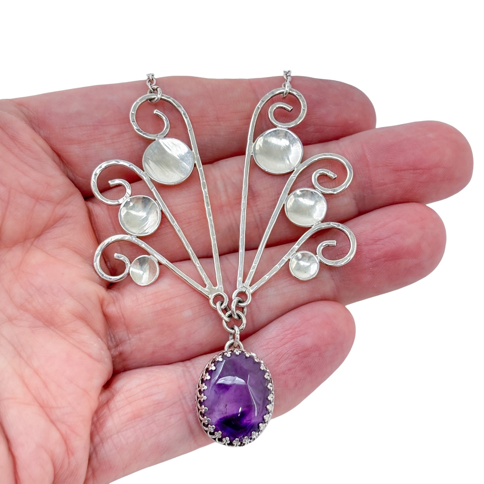 Vintage Sterling Silver 925 Amethyst Cabochon Scroll Bib Necklace 17.5"-20"